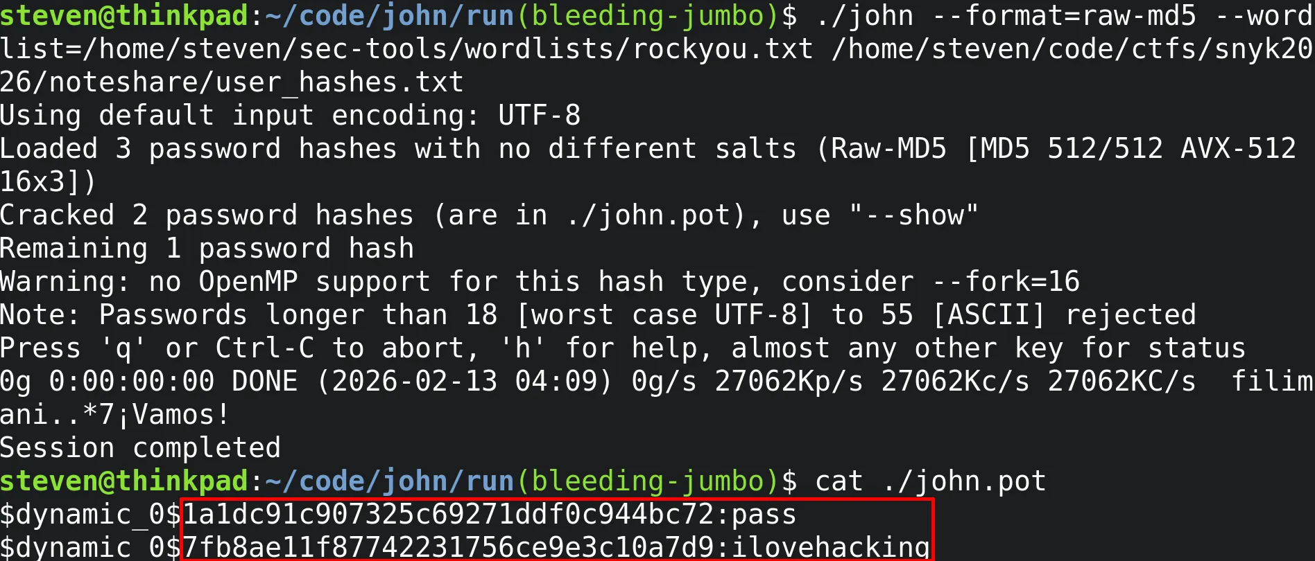 Screenshot of using John the ripper to find the remaining password plaintext value