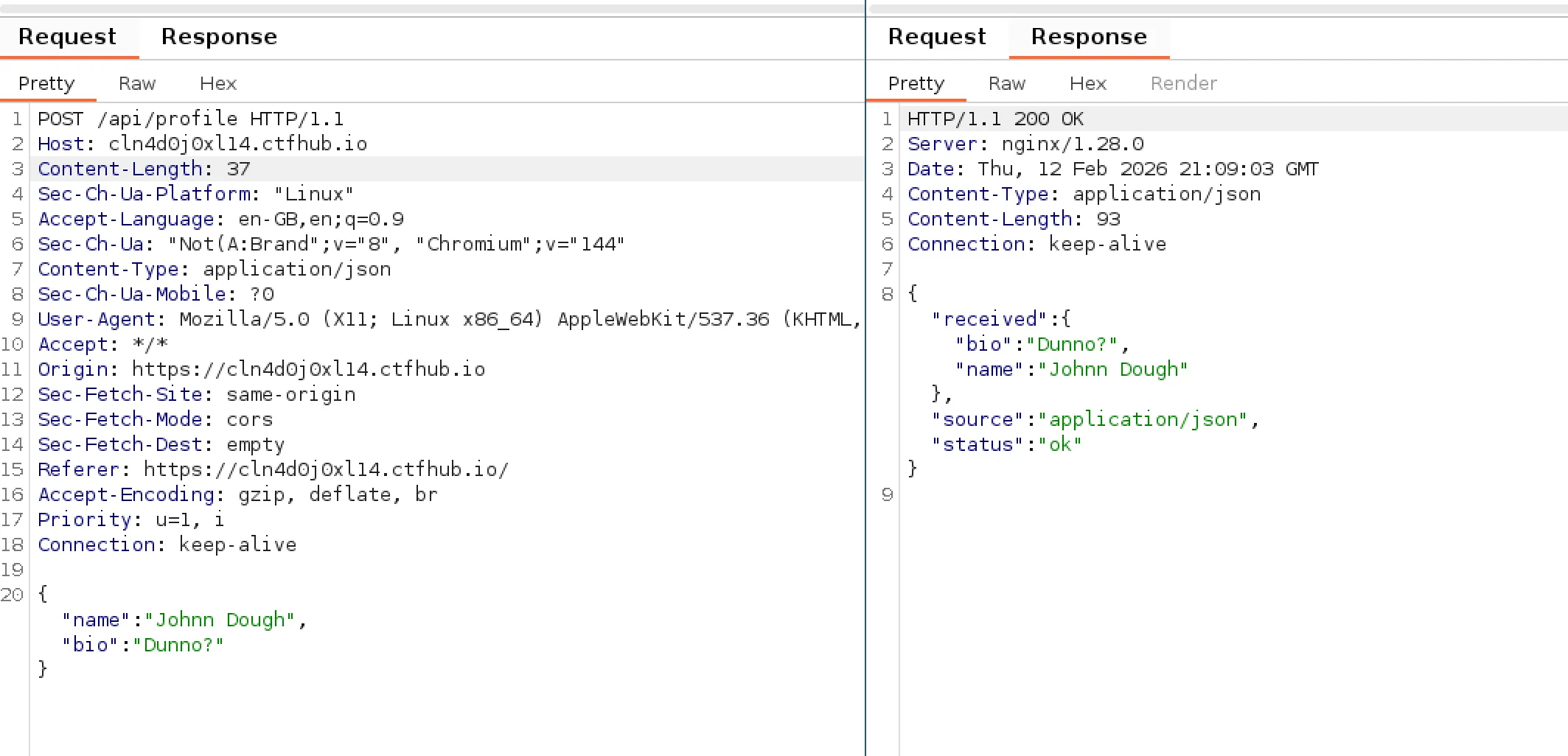 Screenshot of profile request and response in BurpSuite