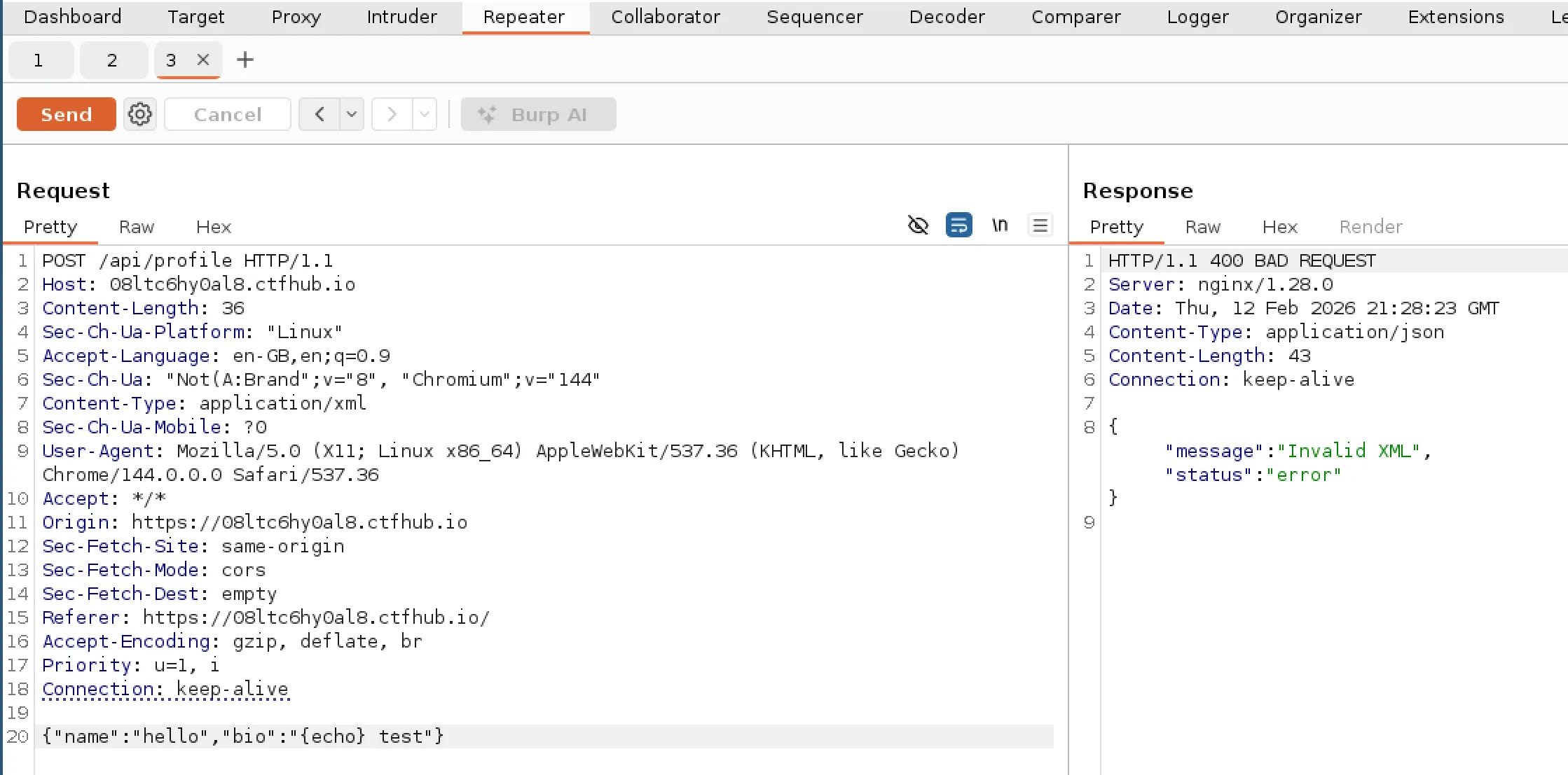 Screenshot of changing content type header and receiving invalid XML error