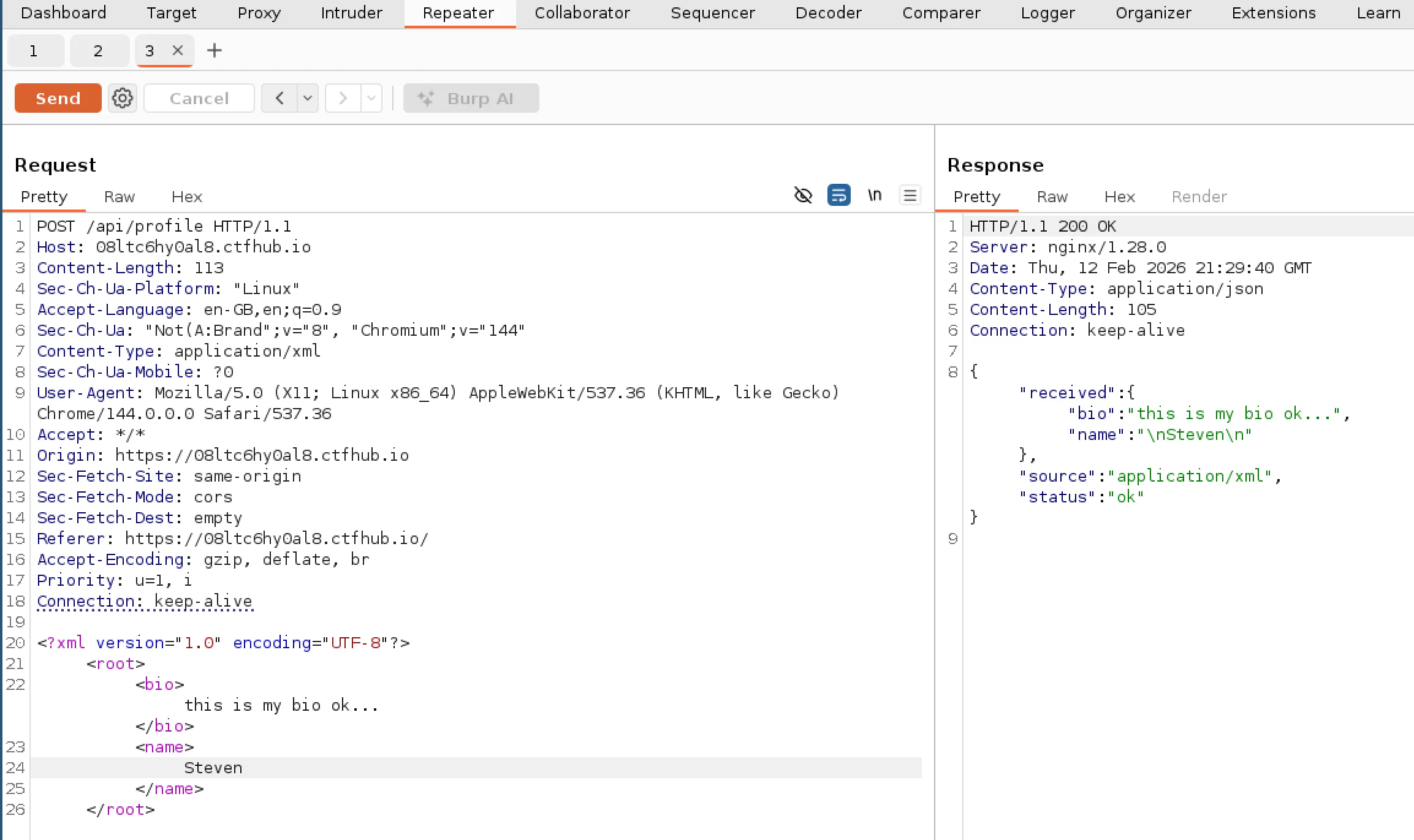 Screenshot of changing content type header and request body to XML, then receiving success