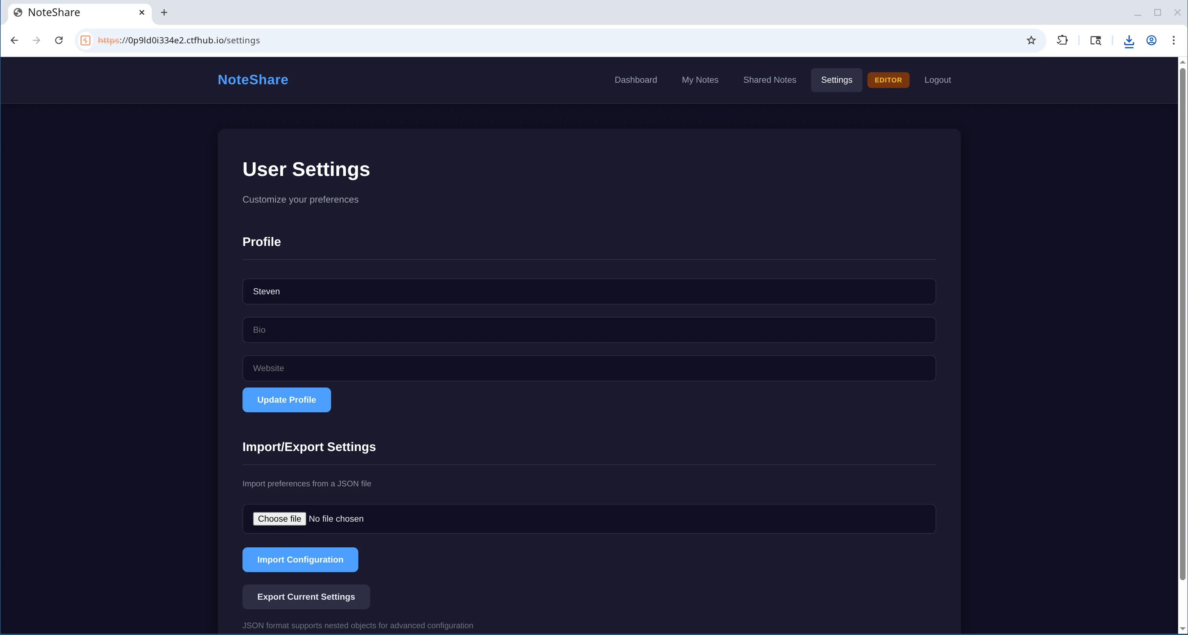 Screenshot of using the editor logged in